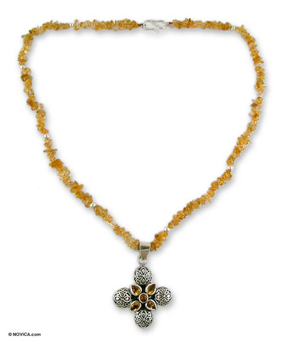 Citrine pendant necklace, 'Mughal Cross' - Silver and Citrine Pendant Necklace