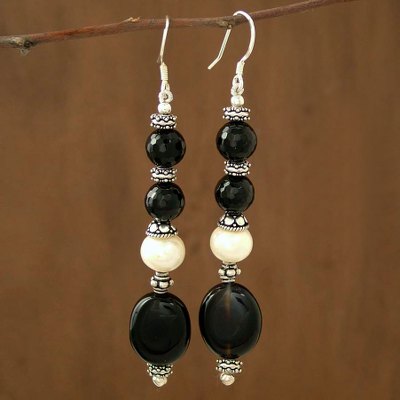 Pearl and onyx dangle earrings, 'Extravaganza' - Pearl and onyx dangle earrings