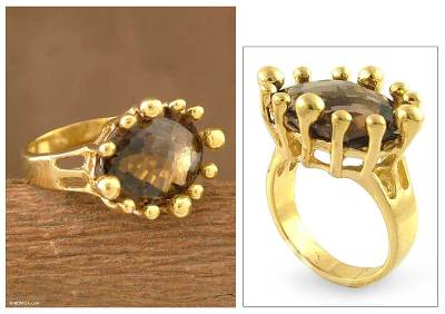 Gold vermeil smoky quartz solitaire ring, 'Coronation' - Vermeil and Smoky Quartz Ring from India