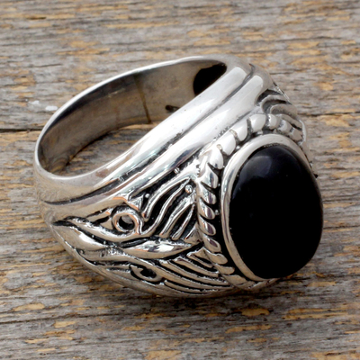 Artisan Crafted Men's Onyx and Sterling Silver Ring - Dark Waves | NOVICA