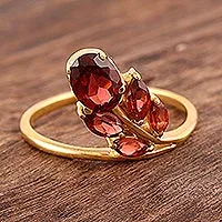 Gold vermeil garnet cocktail ring, 'New Life' - Artisan Crafted Floral Vermeil Multi-stone Garnet Ring 