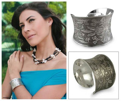 Sterling silver cuff bracelet, 'Autumn Bouquet' - Floral Sterling Silver Cuff Bracelet