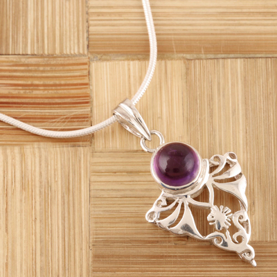 Amethyst pendant necklace, 'Violet Fern' - Amethyst and Silver Pendant Necklace