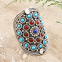 Lapis and carnelian cocktail ring, 'Mandala' - Fair Trade Handcrafted Turquoise and Silver Medallion Ring