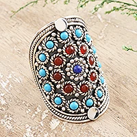 Lapis and carnelian cocktail ring, 'Mandala' - Handmade Sterling Silver Cocktail Ring with Gemstones