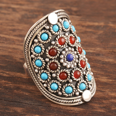 Lapis and carnelian cocktail ring, 'Mandala' - Handmade Sterling Silver Cocktail Ring with Gemstones