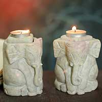 Soapstone candleholders, 'Baby Elephants' (pair) - Natural Soapstone Hand Carved Candle Holders (Pair)