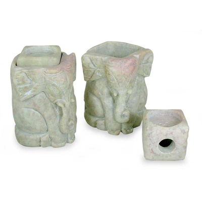 Soapstone candleholders, 'Baby Elephants' (pair) - Natural Soapstone Hand Carved Candle Holders (Pair)