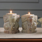 Soapstone candleholders, 'Baby Elephants' (pair) - Natural Soapstone Hand Carved Candle Holders (Pair)