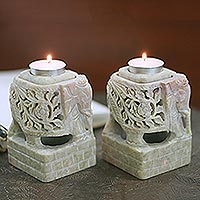 Soapstone candleholders, 'Floral Elephants' (pair) - Animal Themed Candle Holder Soapstone Elephant Pair Set
