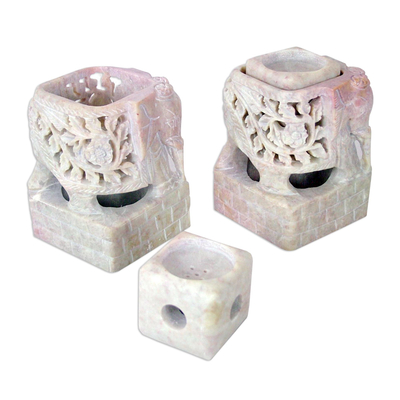 Soapstone candleholders, 'Floral Elephants' (pair) - Animal Themed Candle Holder Soapstone Elephant Pair Set