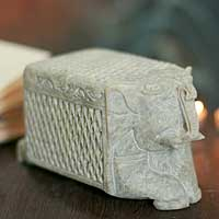 Soapstone box, 'White Elephant Treasure' - Hand Carved Soapstone Jewellery Box