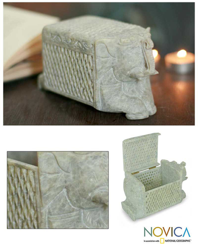 Soapstone box, 'White Elephant Treasure' - Hand Carved Soapstone Jewelry Box