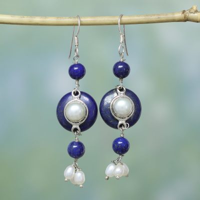 Pearl and lapis lazuli dangle earrings, 'Universe' - Pearl and lapis lazuli dangle earrings