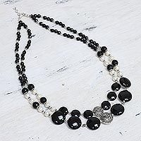 Pearl and onyx double strand necklace, 'Midnight Dreams'