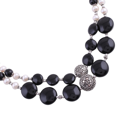 Pearl and onyx double strand necklace, 'Midnight Dreams' - Pearl and onyx double strand necklace
