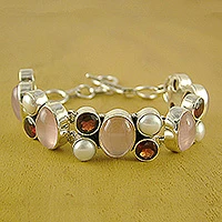 Pearl and rose quartz charm bracelet, 'A Spell of Romance' - Pearl Rose Quartz and Garnet Bracelet from India