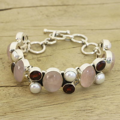 Charm-Armband aus Perlen und Rosenquarz - Perlenarmband aus Rosenquarz und Granat aus Indien