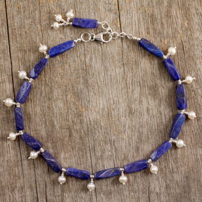 Pearl and lapis lazuli anklet, 'Midnight Blue' - Sterling Silver Lapis Lazuli and Pearl Anklet from India