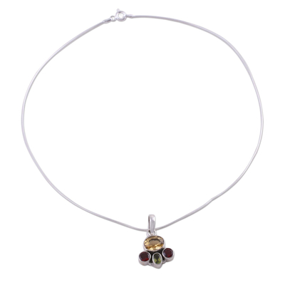 Garnet and citrine pendant necklace, 'Harmony' - Handcrafted Sterling Silver Multigem Necklace