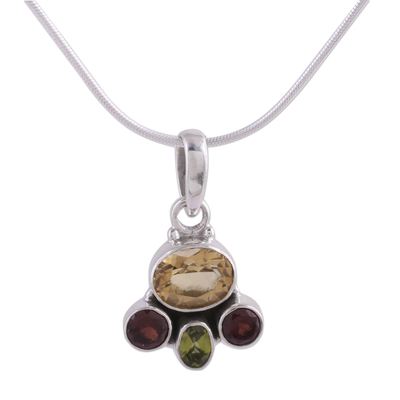 Garnet and citrine pendant necklace, 'Cosmic Harmony' - Handcrafted Sterling Silver Multigem Necklace