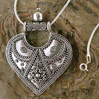 Sterling silver pendant necklace, 'Mighty Heart' - Sterling Silver Necklace Indian Ethnic Jewellery