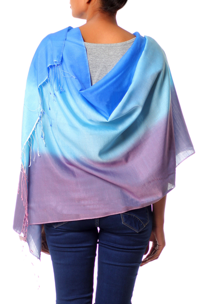 Silk and wool shawl, 'Azure Bliss' - Collectible Wrap Silk Wool Blend Patterned Shawl