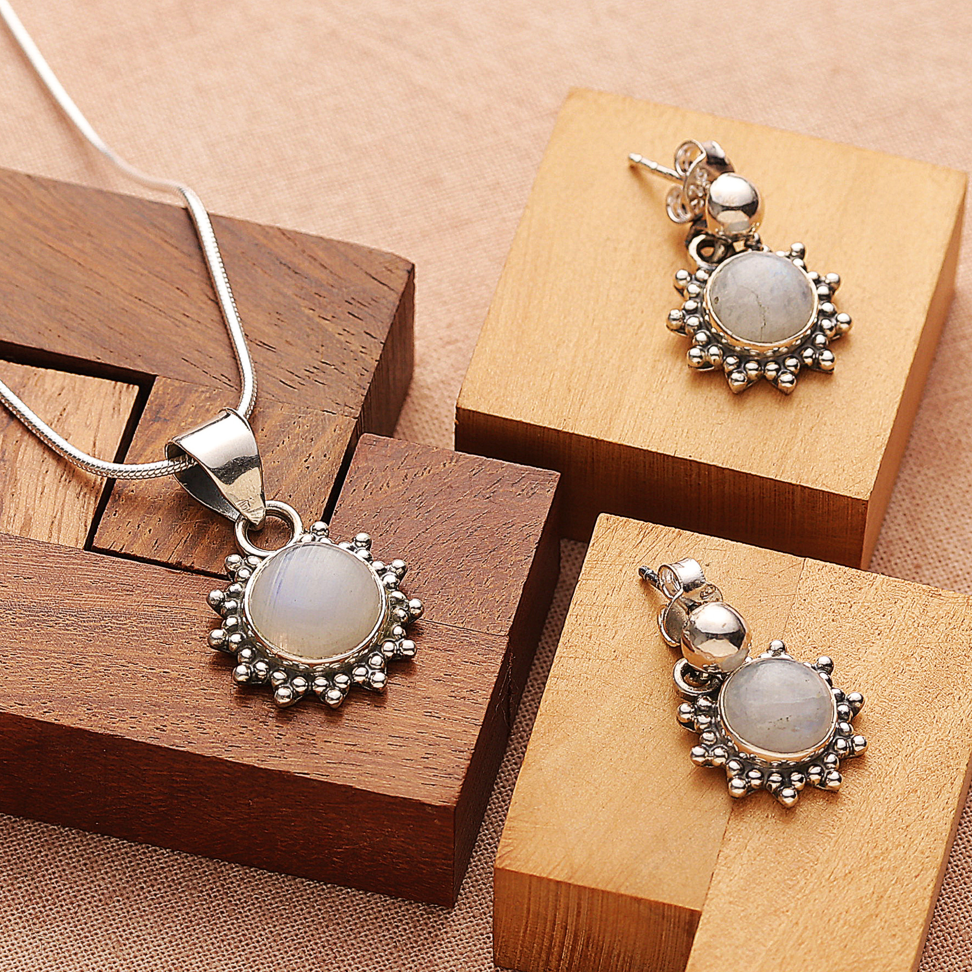 Good Fortune Sterling Silver Pendant Moonstone Jewelry Set, 'Goddess' Handcrafted Jewelry