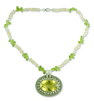 Citrine, peridot, and lemon quartz pendant necklace, 'Stunning Sunflower' - Peridot and Citrine Silver Pendant Necklace