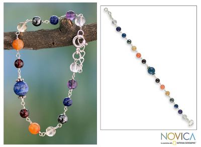Lapis and amethyst beaded bracelet, 'Bubblegum' - Handmade Sterling Silver Multigem Bracelet