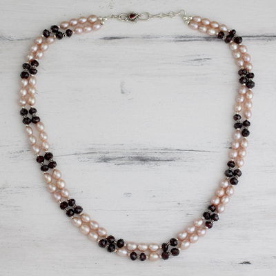 Pearl and garnet beaded necklace, 'Graceful Rose' - Pearl and garnet beaded necklace