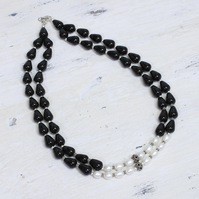 Pearl and onyx strand necklace, 'Majestic Union' - Pearl and onyx strand necklace