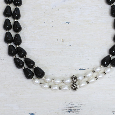 Pearl and onyx strand necklace, 'Majestic Union' - Pearl and onyx strand necklace