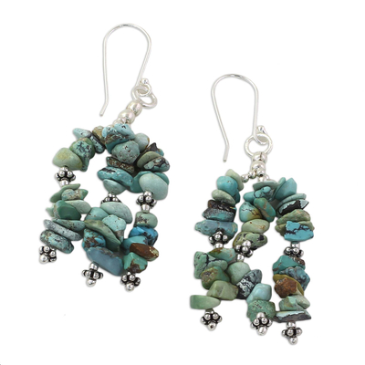 Turquoise waterfall earrings, 'Rejoice' - Turquoise Earrings on Sterling Silver Indian Beaded Jewelry 