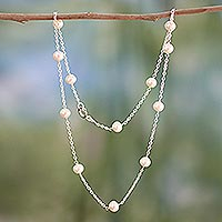 Pearl station necklace, 'Jaipur Moons' - Handcrafted Bridal Sterling Silver Station Pearl Necklace