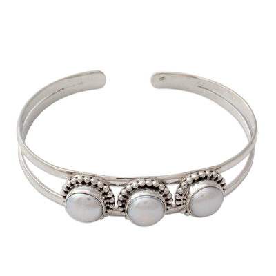 Pearl cuff bracelet, 'Moonlight Trio' - Hand Made Indian Sterling Silver Cuff Pearl Bracelet