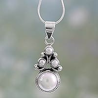 Pearl pendant necklace, 'Angel Tree' - Bridal Pearl Necklace in Sterling Silver from India