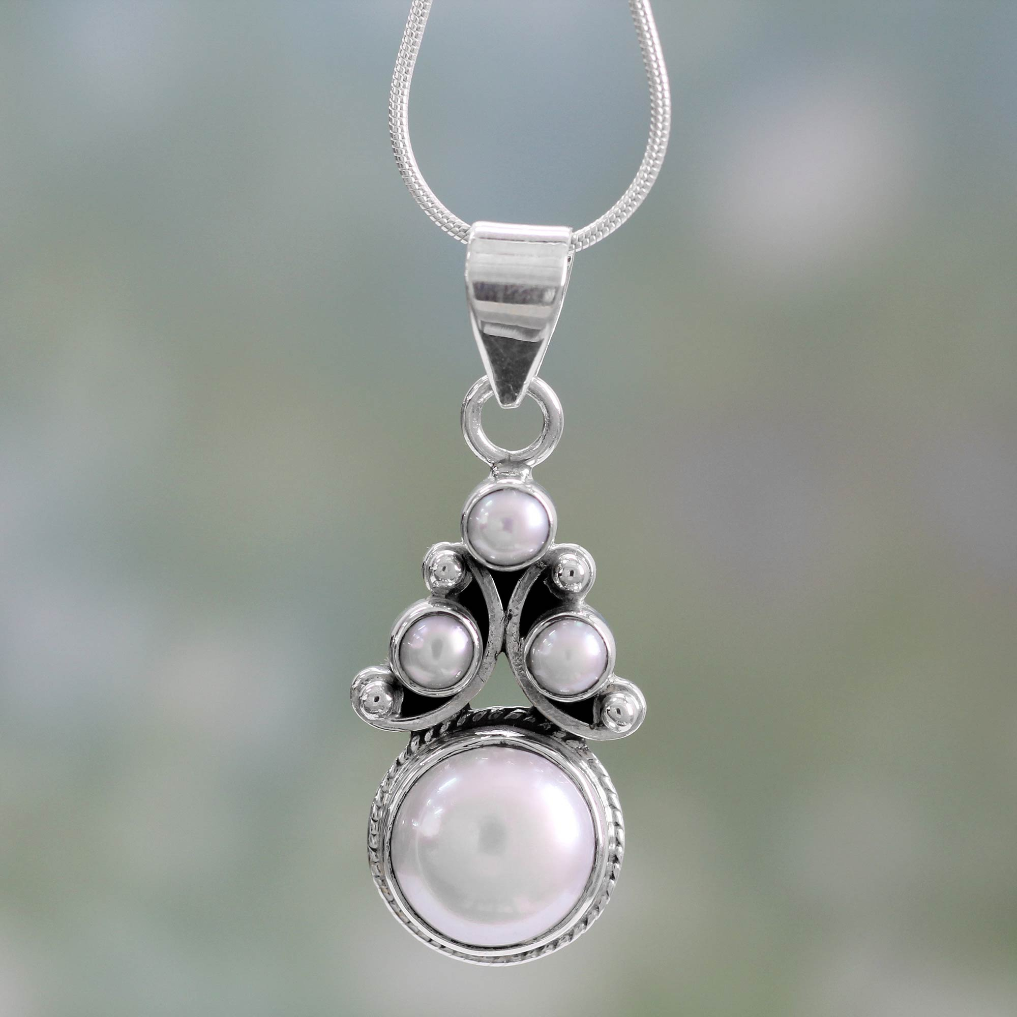 Bridal Pearl Necklace in Sterling Silver from India, 'Angel Tree' Handcrafted jewelry