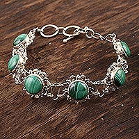 Malachite flower bracelet, 'Mystical Blooms' - Floral Sterling Silver and Malachite Bracelet from India