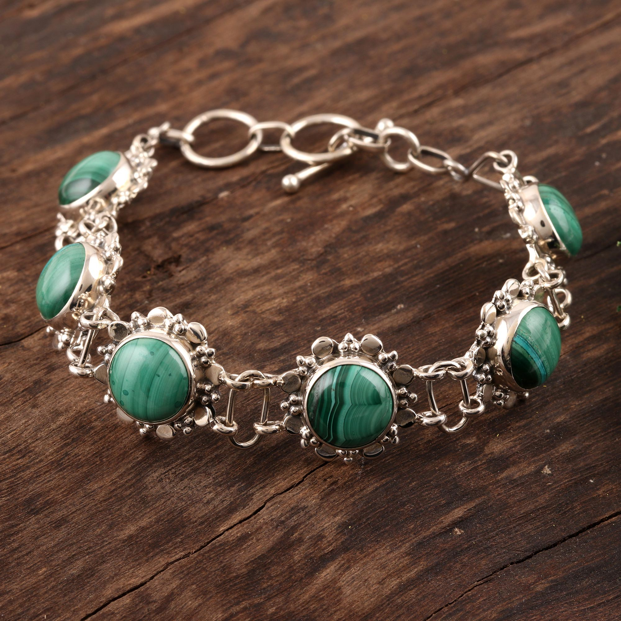 UNICEF Market | Floral Sterling Silver and Malachite Bracelet from India - Mystical Blooms