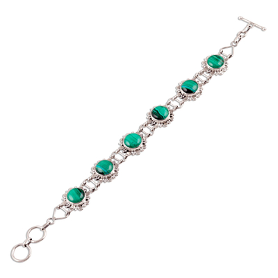 Malachite flower bracelet, 'Mystical Blooms' - Floral Sterling Silver and Malachite Bracelet from India