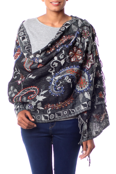 Wool shawl, 'Eventide' - Fair Trade Floral Wool Embroidered Wrap Shawl