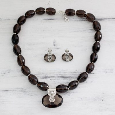 Smoky quartz jewelry set, 'Mystery' - Sterling Silver and Smoky Quartz jewellery Set