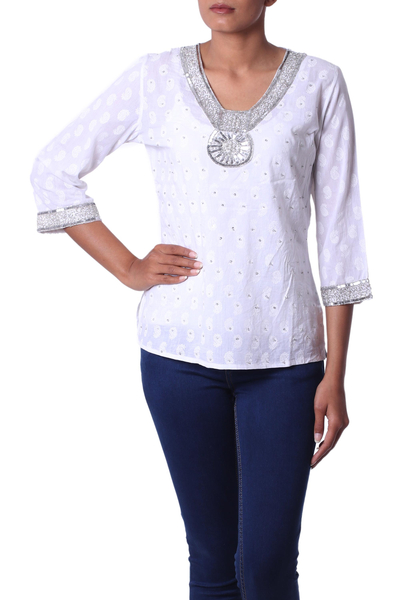 Beaded cotton blouse, 'Dazzling White' - Fair Trade Cotton Embroidered Tunic Top