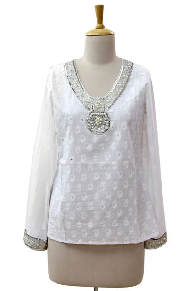 Blusa de algodón con cuentas - Top túnica bordado de algodón de comercio justo