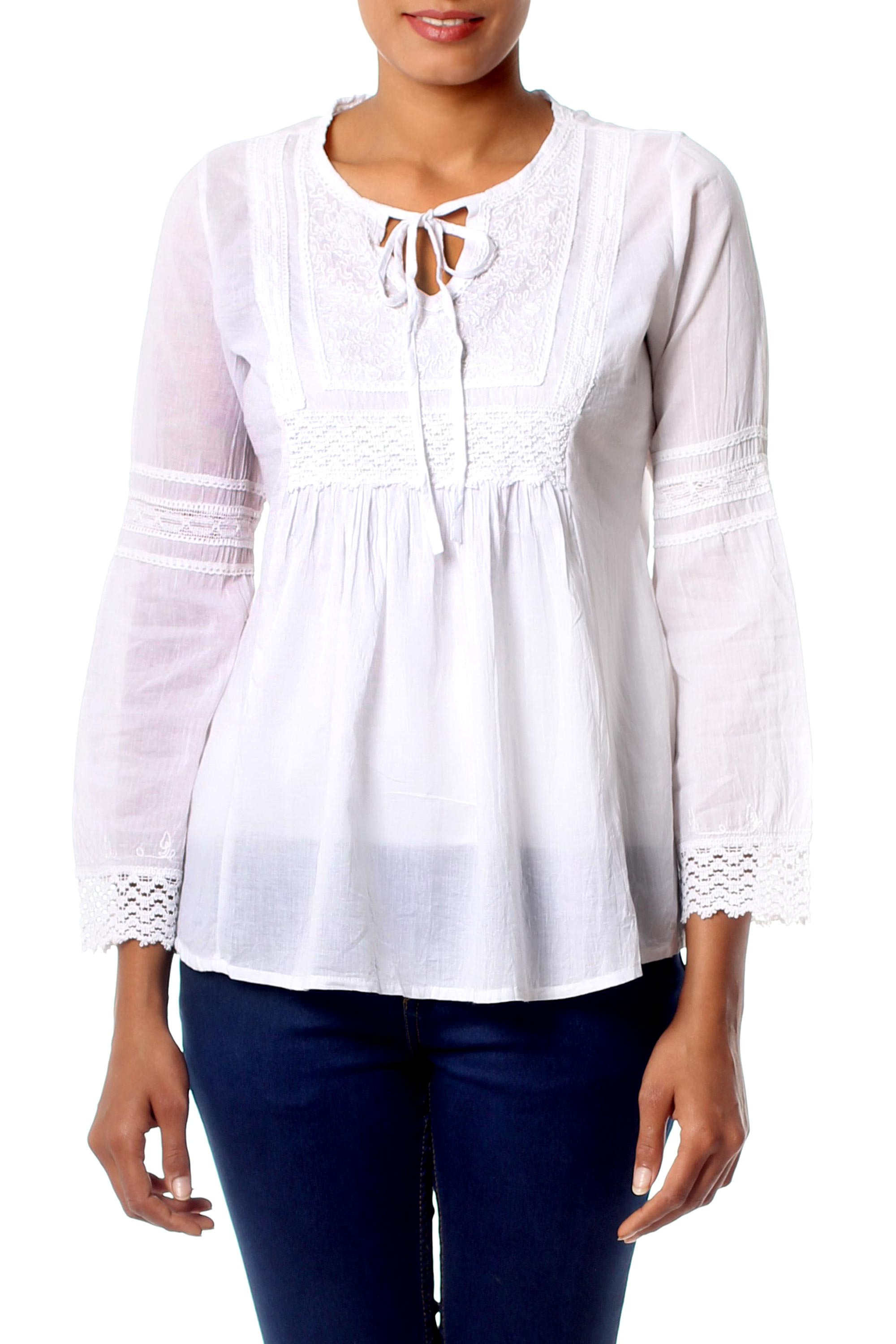 White Cotton Blouse Top Long Sleeve - Floral Clouds | NOVICA