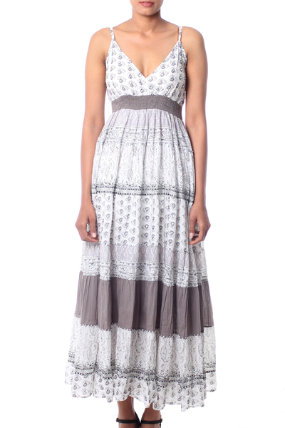 Cotton dress, 'Summer Breeze' - Unique Floral Cotton Patterned White and Grey Long Dress