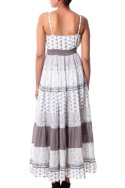 Baumwollkleid - Einzigartiges langes Kleid mit Blumenmuster aus Baumwolle in Weiß und Grau