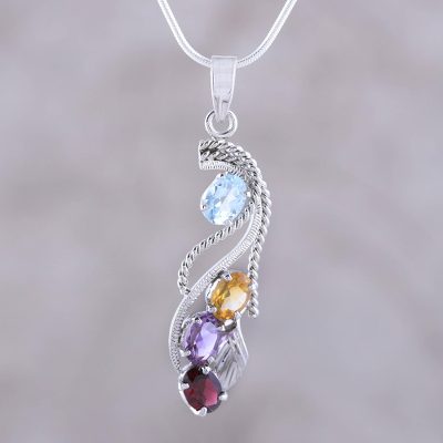 Multi gemstone pendant necklace, 'Graceful' - Amethyst and Garnet Multigem Pendant Necklace
