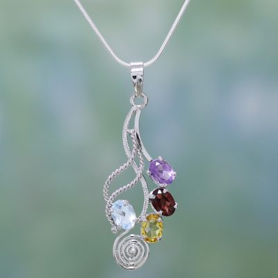 Multi gemstone pendant necklace, 'Graceful Petals' - Amethyst and Blue Topaz Pendant Necklace